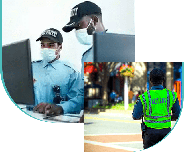 A collage of two men in masks and one man is on his laptop.